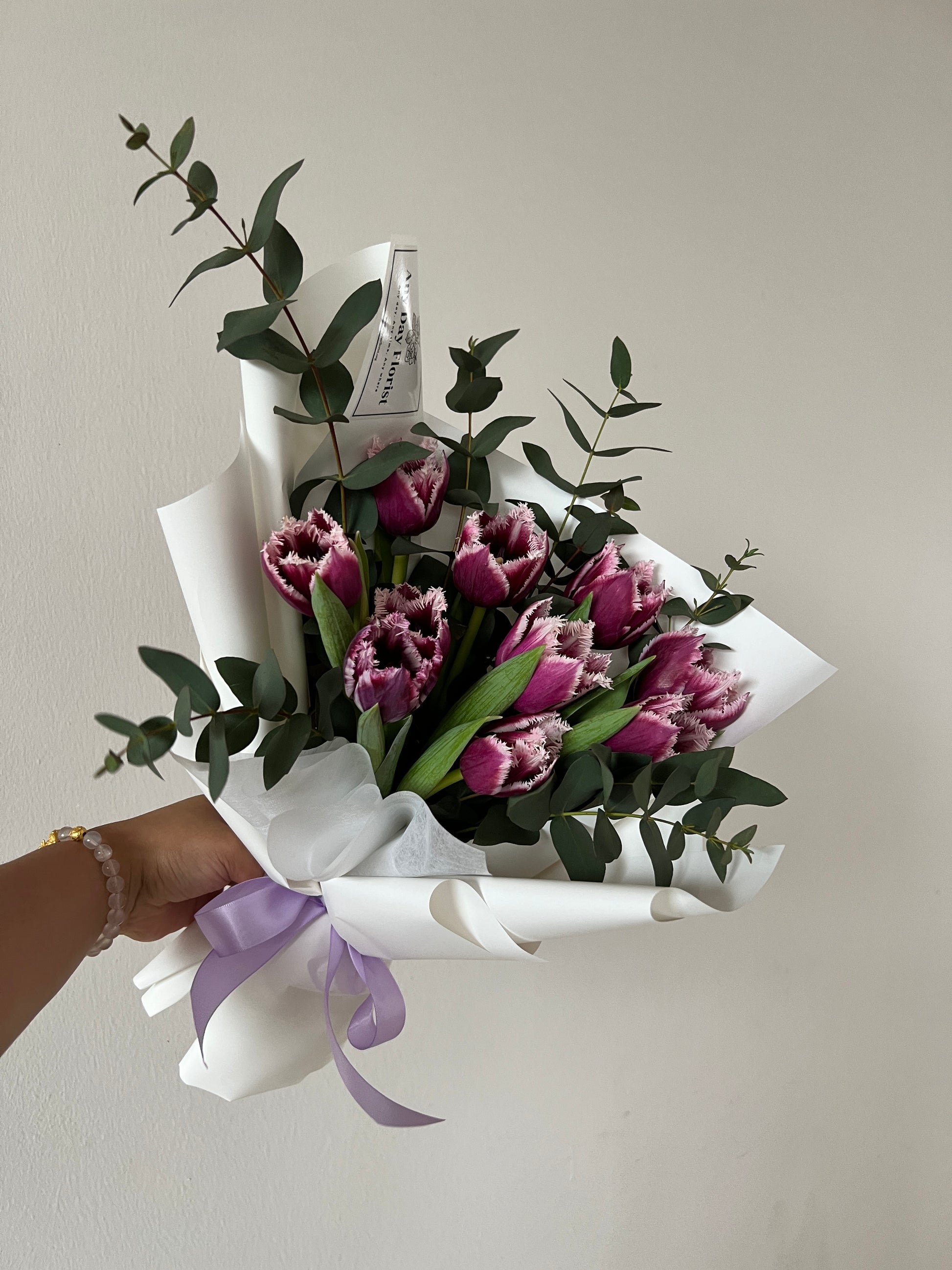 10 stalk purple tulips with eucalyptus mini