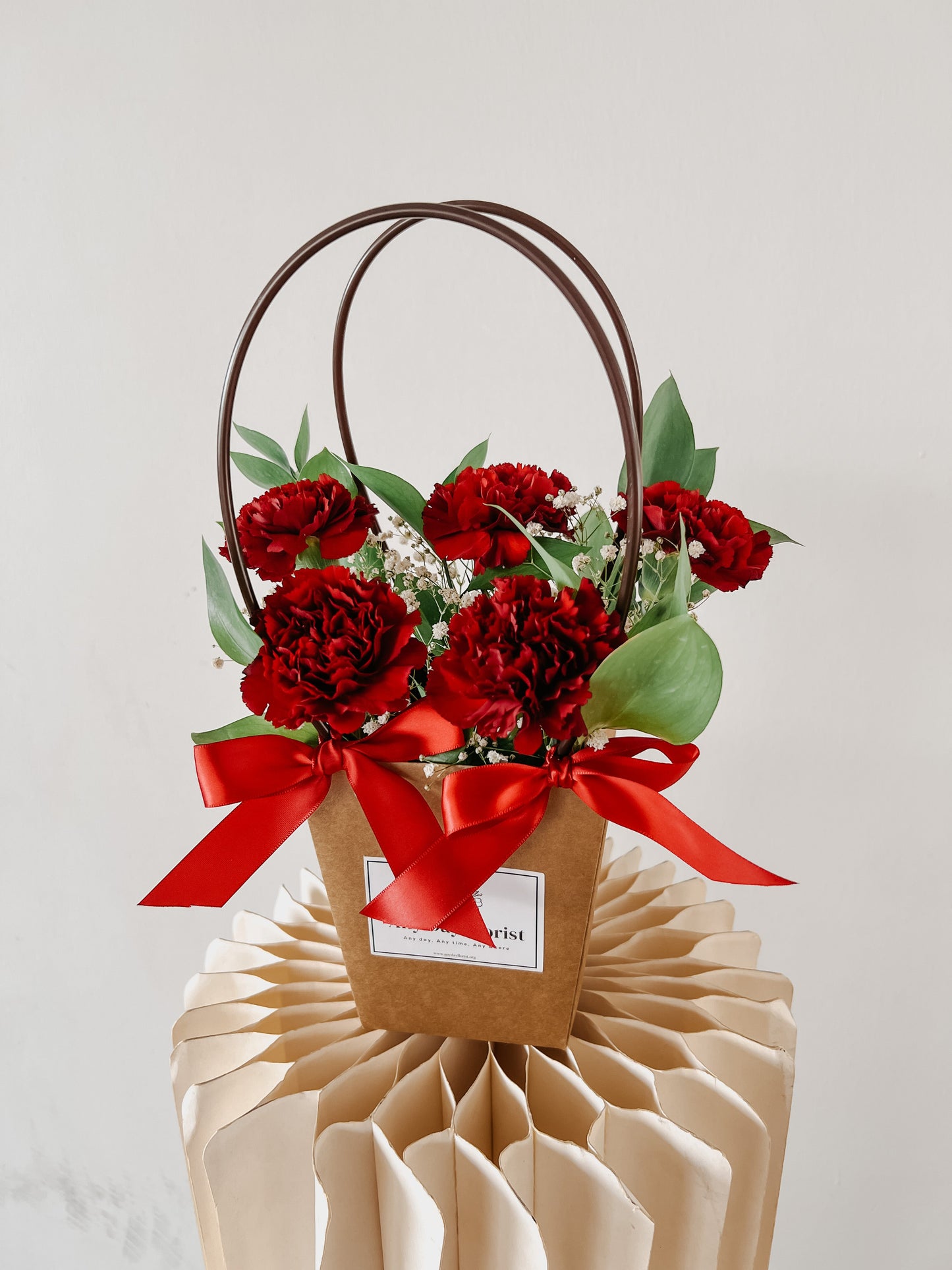 Any Day FloristIn the same way that a mother's heart is filled with love, the deep red petals of the red carnation are said to represent a beating heart. The red carnation also repRed Carnation | Bloom Bag Floral Arrangement